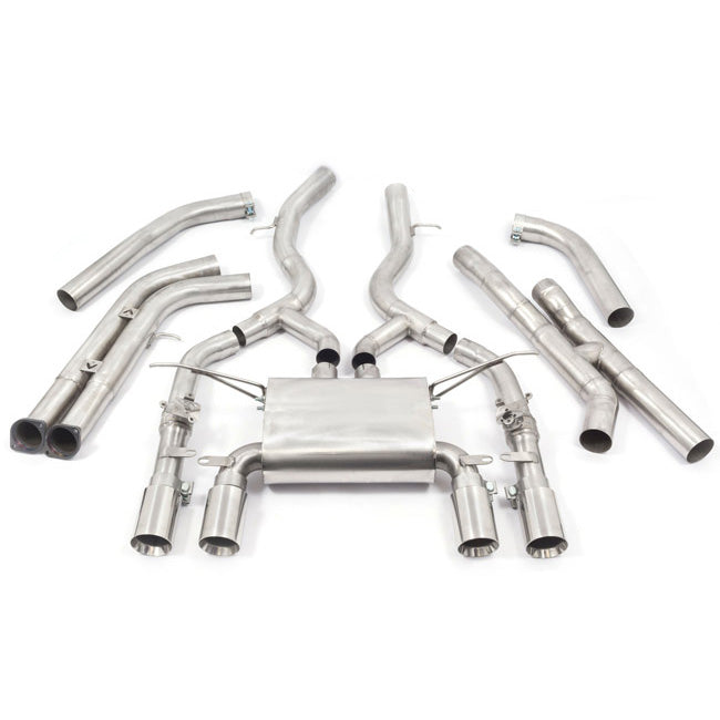 Cobra Sport BMW M3 F80 3-inch valved primary cat back performance exhaust system with polished metal finish and dual exhaust tips.