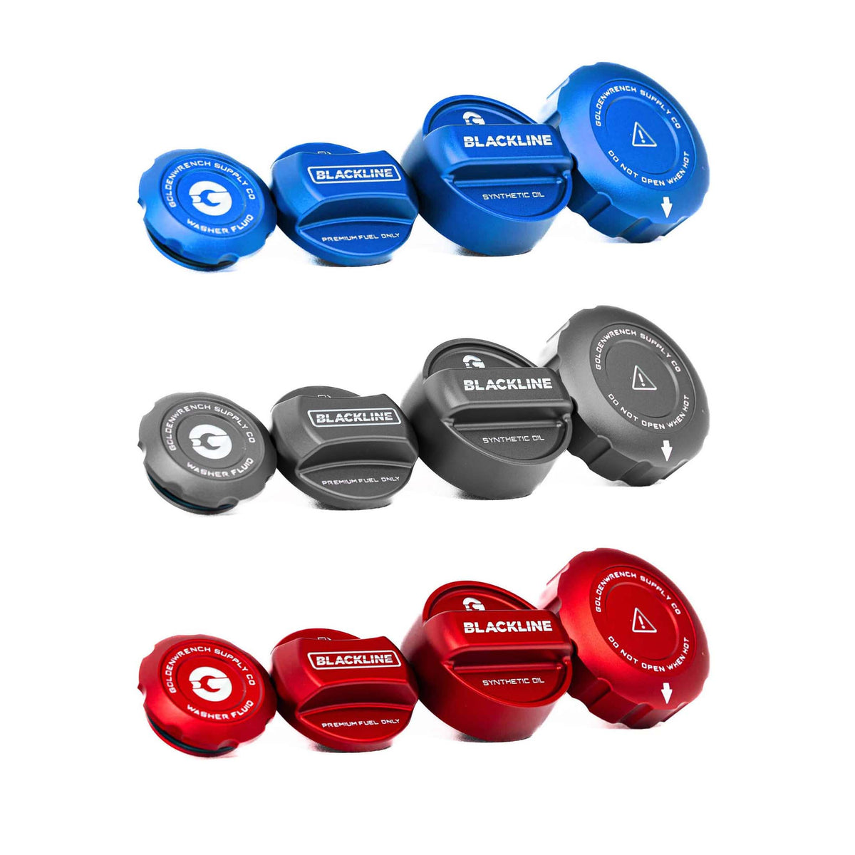 Goldenwrench BMW M3 E92, M135i F20, M235i F22 & M2 F87 engine bay fuel cap set, showcasing polished metal finish.