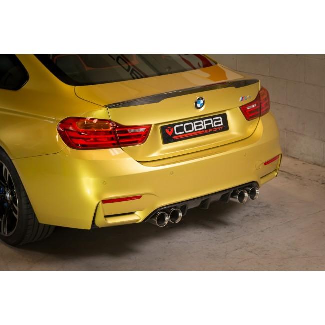 Cobra Sport BMW M4 F82 coupe 3-inch valved primary cat back performance exhaust, showing the polished metallic pipes and mufflers.