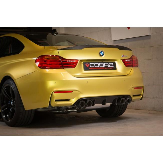 Cobra Sport BMW M4 F82 LCI Competition GPF/OPF back exhaust with 3-inch valved secondary exhaust system, mounted on car.