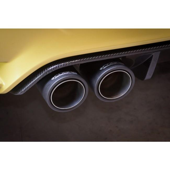 Cobra Sport BMW M4 F82 LCI Coupe 3" valved GPF back exhaust system with polished tips and dual exhaust outlets.