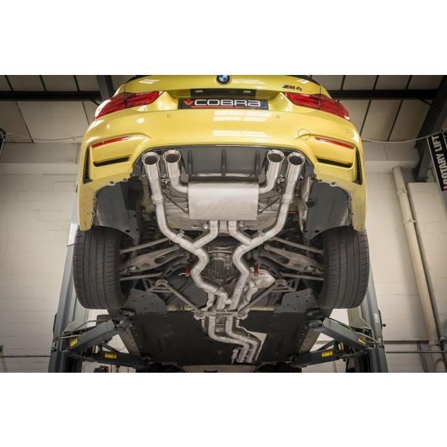 Cobra Sport BMW M4 F82 coupe 3-inch valved primary cat back performance exhaust system installed on the vehicle.