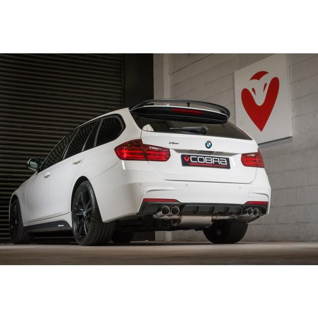 Cobra Sport BMW 320i F30 LCI quad exit M3 style performance exhaust conversion installed on a BMW F31 touring model.