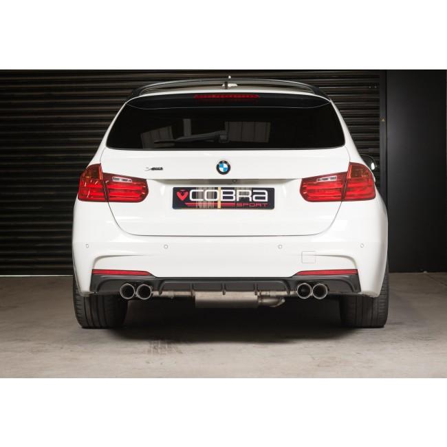Cobra Sport BMW 335D F30/F31 tourer quad exit M3 style exhaust conversion showing polished twin exhaust tips