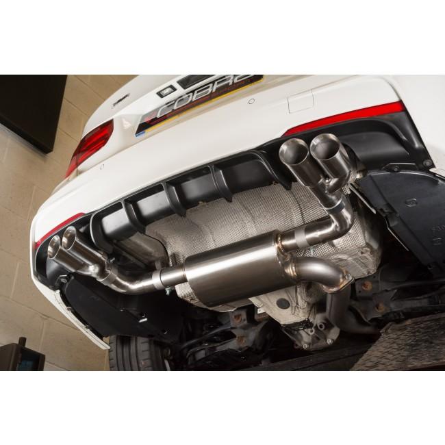 Cobra Sport BMW 335D F30/F31 touring quad exit M3 style exhaust conversion showing polished tips and sleek design