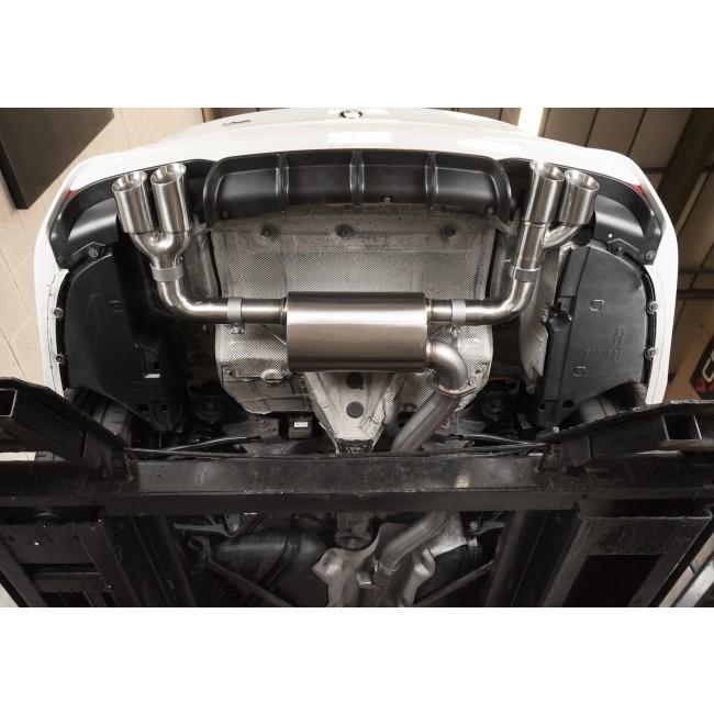 Cobra Sport BMW 335D F30/F31 wagon quad exit M3 style exhaust conversion showing polished tips and exhaust system.