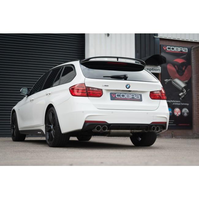 Cobra Sport BMW 335D F30/F31 touring quad exit M3 style exhaust conversion installed on the rear of the vehicle