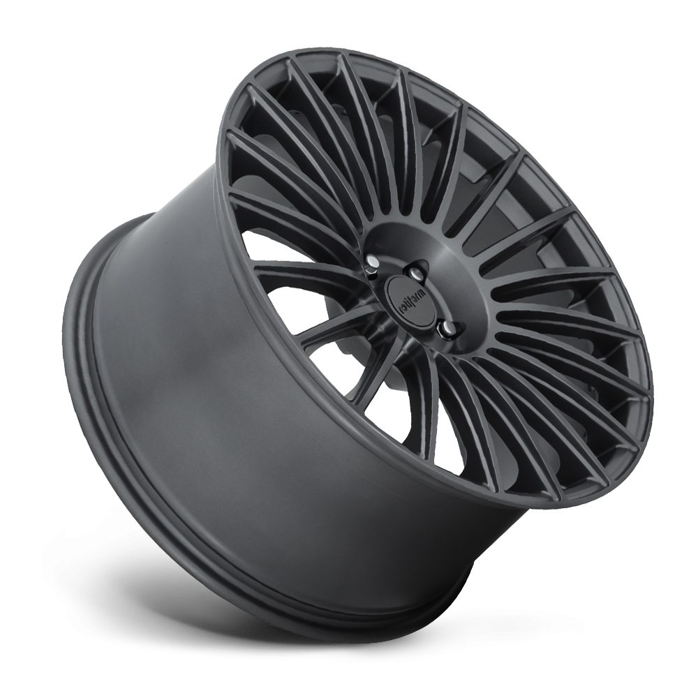 Rotiform BUC wheels in 20x10 inch size with 255/45 tire, satin black finish, mounted on a vehicle, showcasing staggered design.