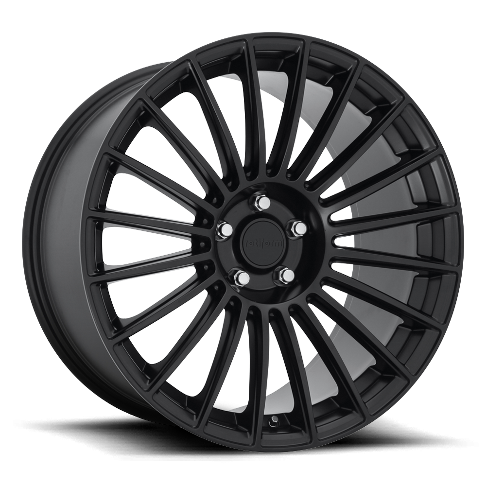 Rotiform BUC wheels in matte black finish, 20x10 size, showcased with a sleek, modern design for automotive customization.