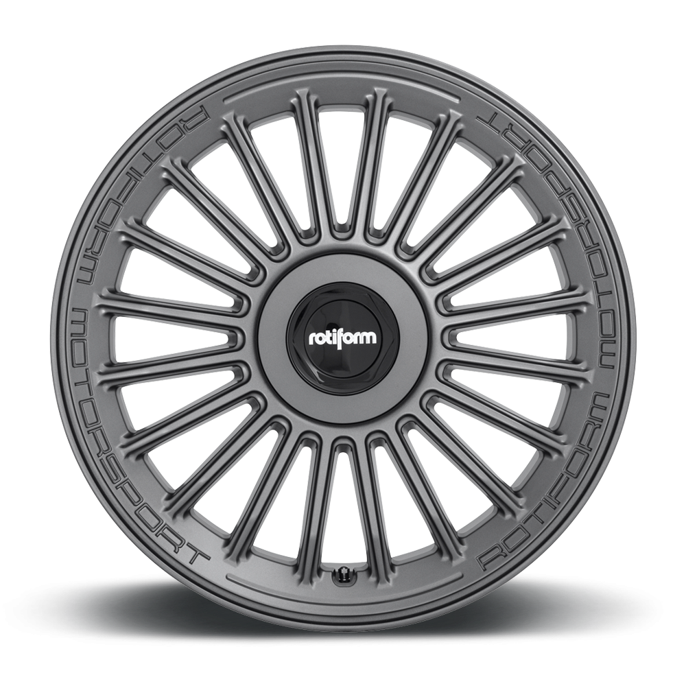 Rotiform BUC-M black and matte anthracite wheels with modern multi-spoke design, shown in a close-up profile shot.