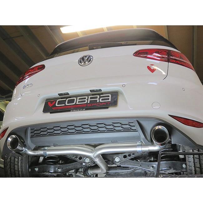 Cobra Sport VW Golf GTD Mk7 2.0 TDI cat back performance exhaust installed, showcasing sleek exhaust tips and ceramic coating