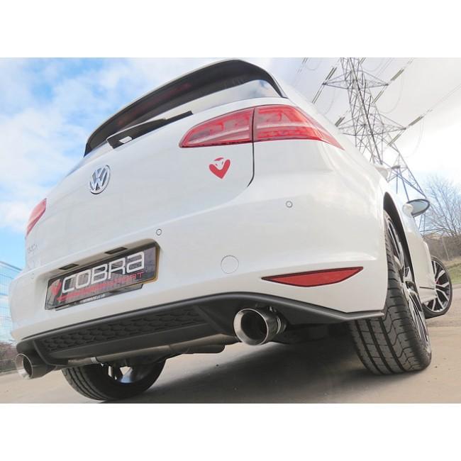 Cobra Sport VW Golf GTD Mk7 2.0 TDI axle back exhaust with GTI style dual tailpipes on a dark background.