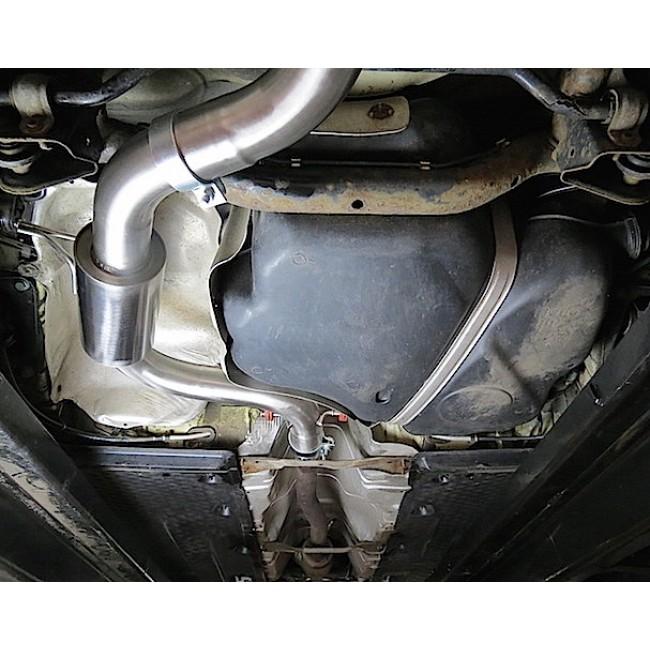 Cobra Sport Audi A3 8P 2.0 TFSI 3-door cat back performance exhaust system visible from the rear, showcasing polished metal pipes.