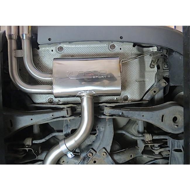 Cobra Sport turbo back performance exhaust for Audi A3 8P 2.0 TFSI 2WD 3-door, showcasing polished exhaust tips and piping.