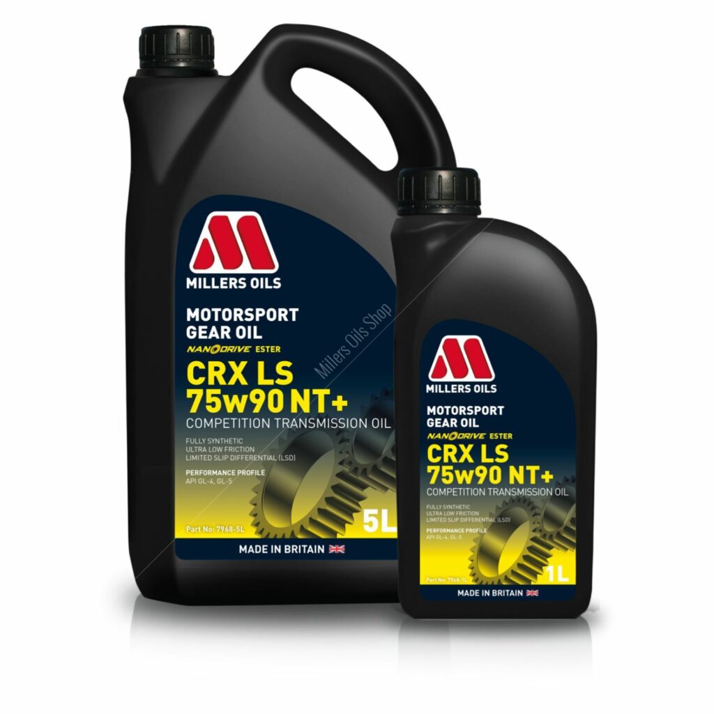 Millers Motorsport CRX LS 75w90 NT+ Gear Oil for gearbox, showing the container and label of Millers Oils gearbox fluid.