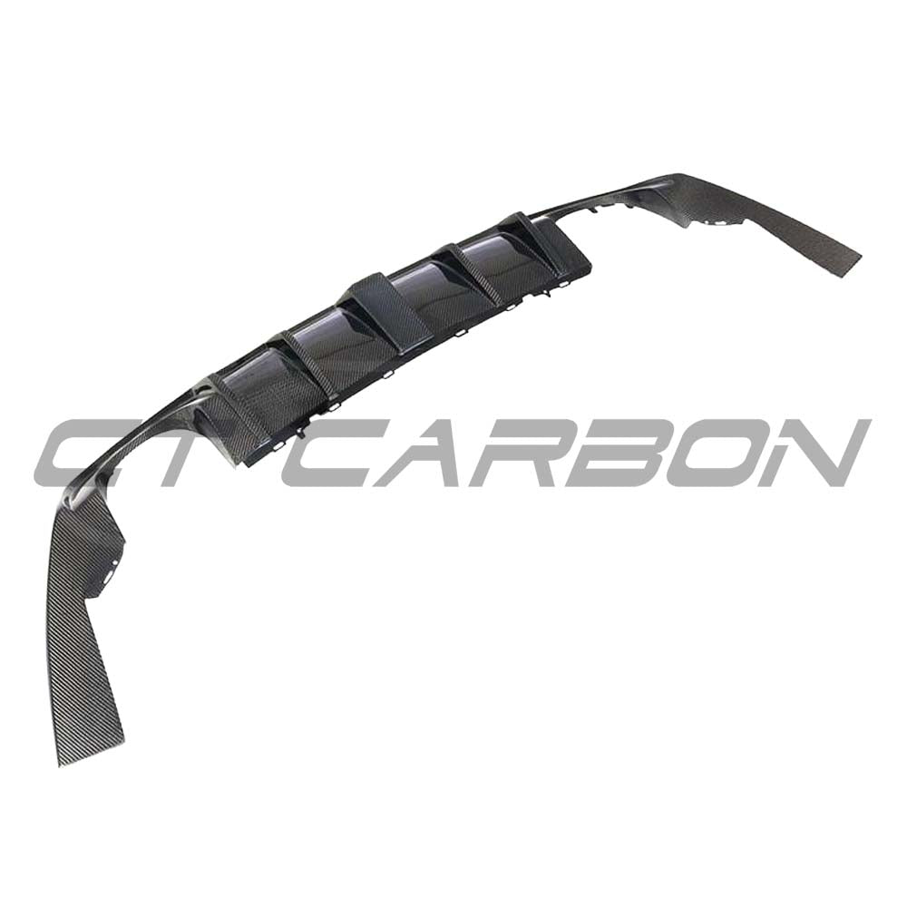 CT Carbon Audi RS3 8V saloon rear carbon diffuser with DTM light, showcasing aerodynamic design and high-quality carbon fiber finish.