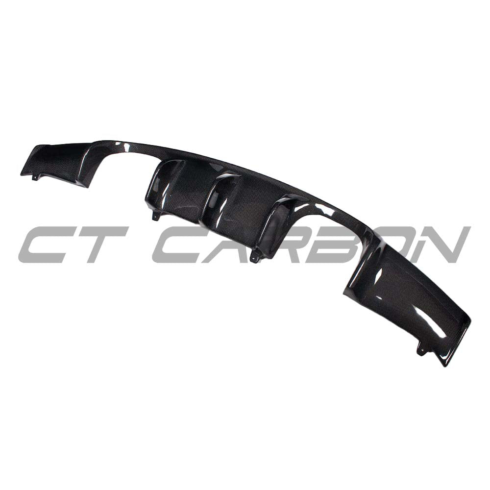 BMW E92/E93 M3 carbon fiber diffuser by CT Carbon, showcasing sleek, lightweight aerodynamic design for enhanced performance.