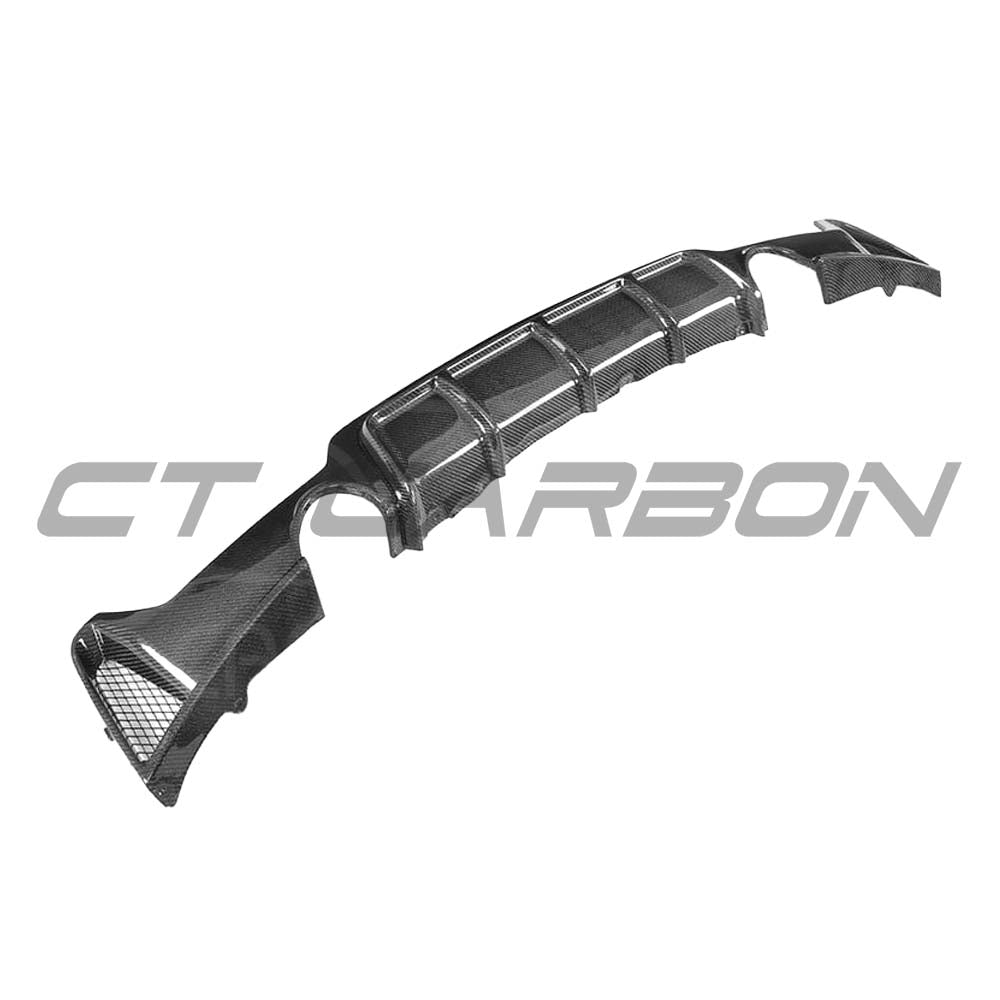 BMW F32 F33 F36 4 Series carbon fiber diffuser with dual exhaust, CT Carbon MP style, installed on the rear of the car.
