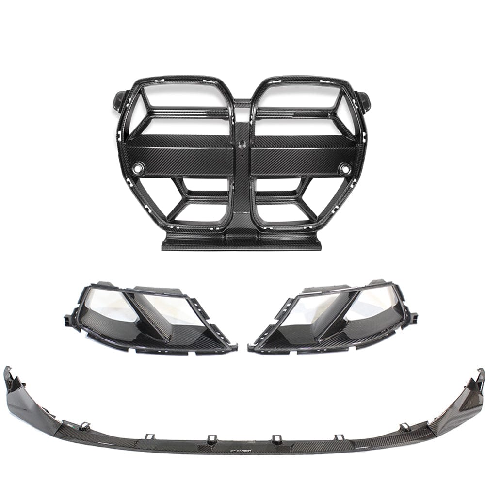 BMW M3 M4 G80 G82 G83 carbon fibre front end pack by CT Carbon, showing lightweight, aerodynamic front bumper and grille details.
