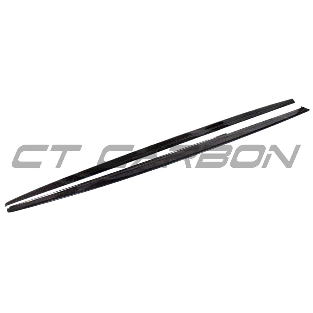 BMW F30 3 Series 2011-2019 CT Carbon side skirts in full carbon fiber, MP style, with detailed close-up of the sleek, textured finish.