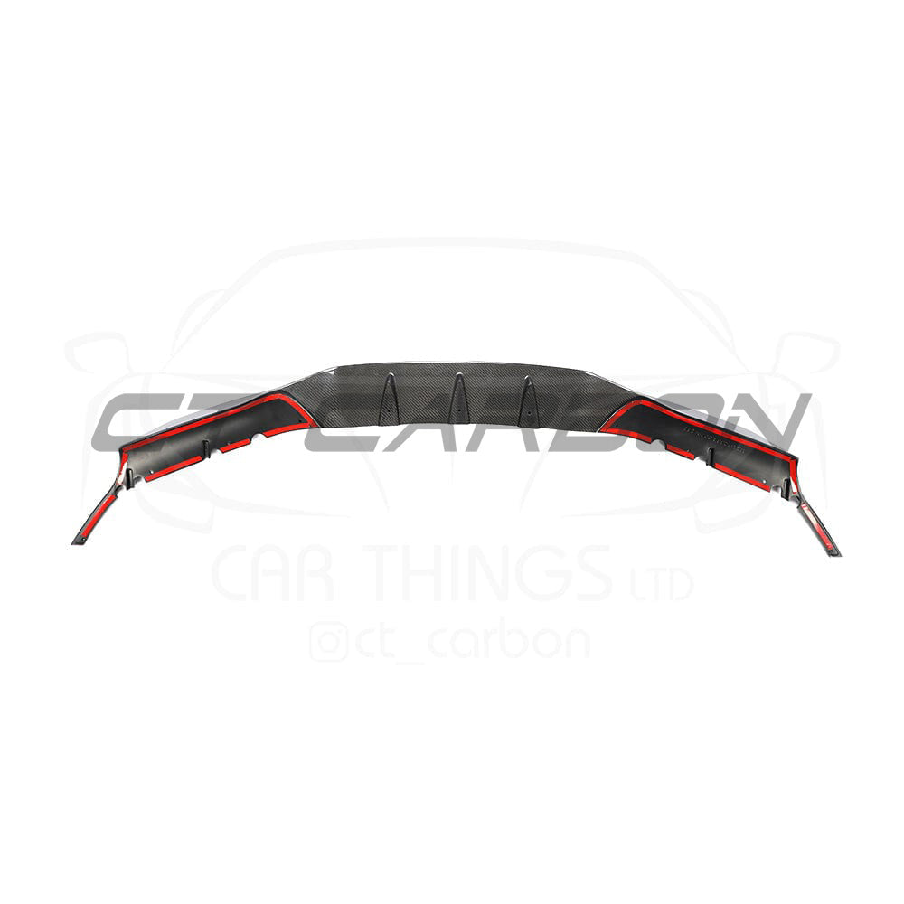BMW F90 M5 Competition carbon fibre splitter by CT Carbon, showcasing sleek R-style aerodynamic design and detailed craftsmanship.