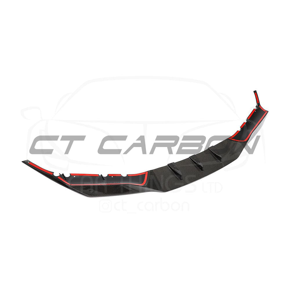 BMW F90 M5 Competition carbon fiber splitter by CT Carbon, showcasing the R-style design on a sleek car.