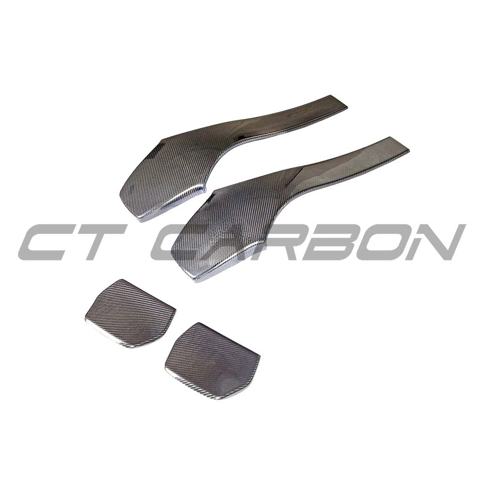 BMW M2C, M3, M4 carbon fibre seat back accessory by CT Carbon, showing close-up of lightweight, textured carbon fibre material.