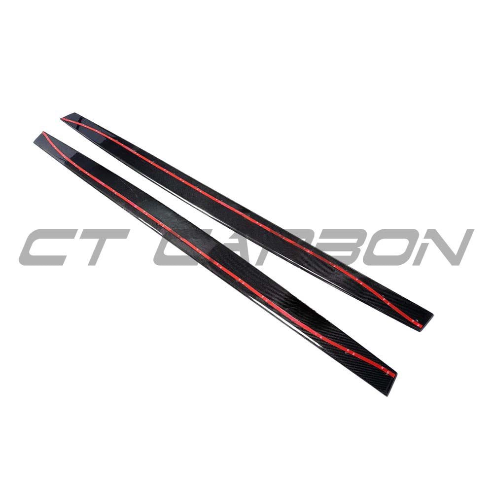BMW M3 F80 M4 F82 F83 carbon fiber side skirts by CT Carbon, full V-style kit, showing sleek textured carbon fiber surface.