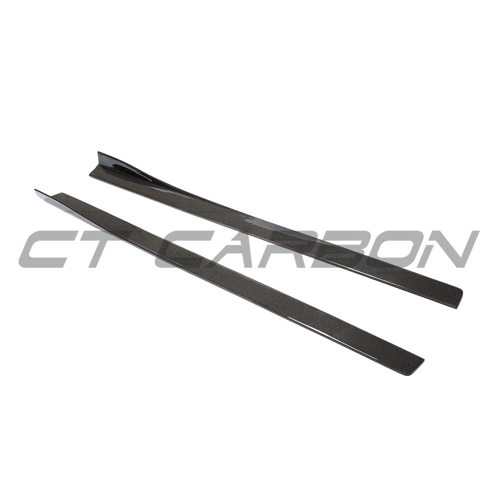 BMW M3 M4 F80 F82 F83 carbon fiber side skirts by CT Carbon, shown in 3D style with detailed textured finish.