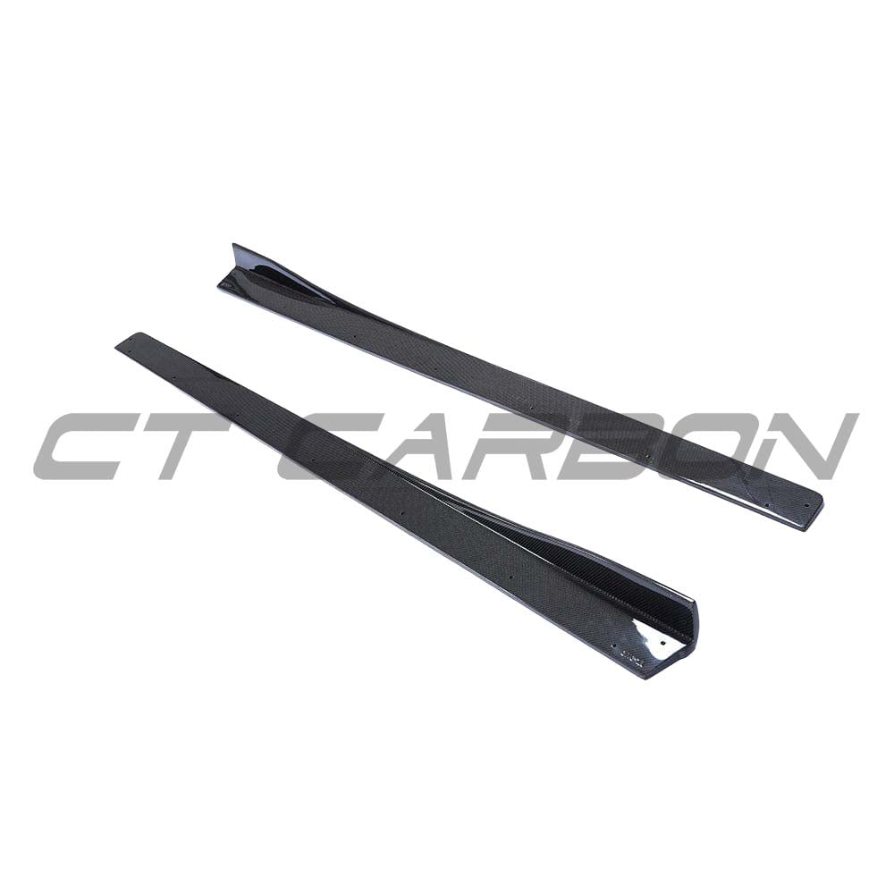 BMW M3 M4 F80 F82 F83 carbon fiber side skirts by CT Carbon, showcasing 3D style aerodynamic design on a sleek vehicle.