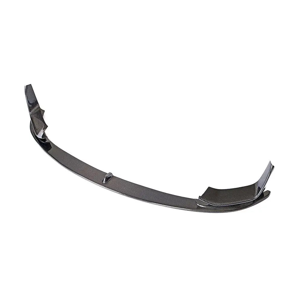 BMW M3 M4 F80 F82 F83 carbon fiber splitter set, three-piece V1 style, with detailed close-up of lightweight, aerodynamic design.