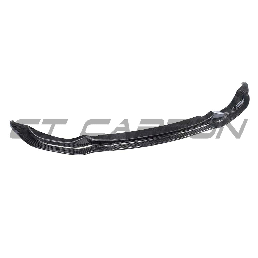 BMW M3 M4 F80 F82 F83 carbon fibre V-style splitter by CT Carbon, showing the sleek, lightweight front splitter on a sports car.