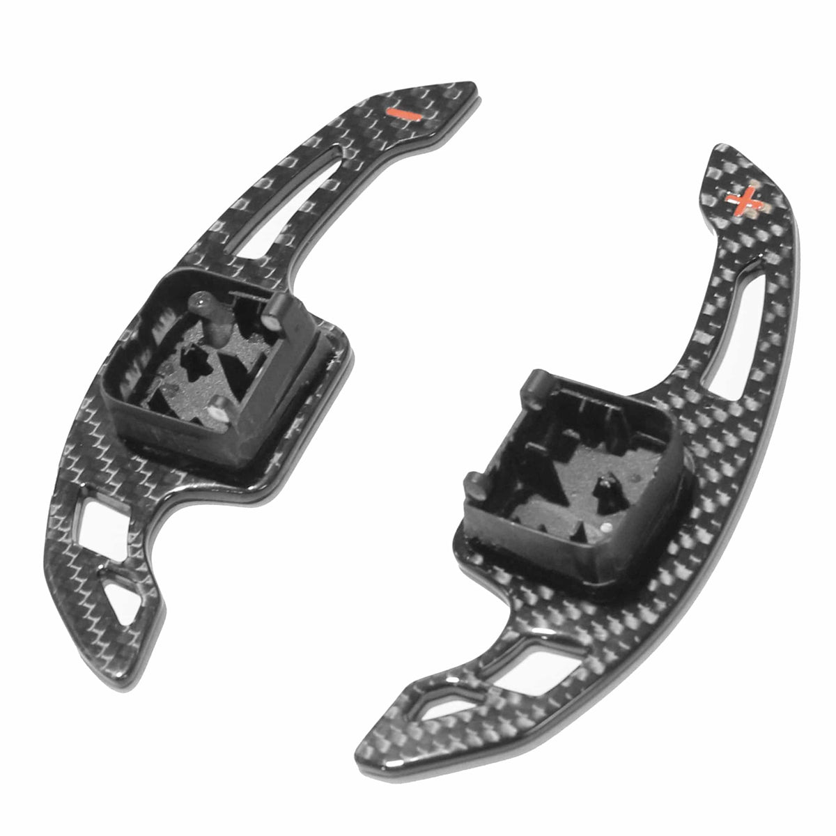 Carbon fiber shifter paddles for Audi A3, S3, RS3 8V models by CT Carbon, shown on a car interior with sleek, sporty design.