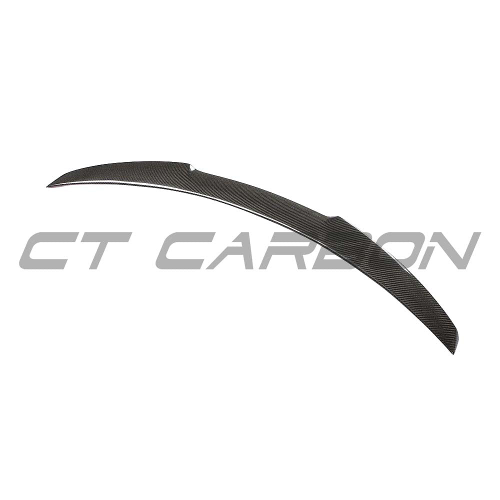BMW M4 F82 carbon fibre spoiler by CT Carbon, MP style, showcasing sleek aerodynamic design on the vehicle's rear.