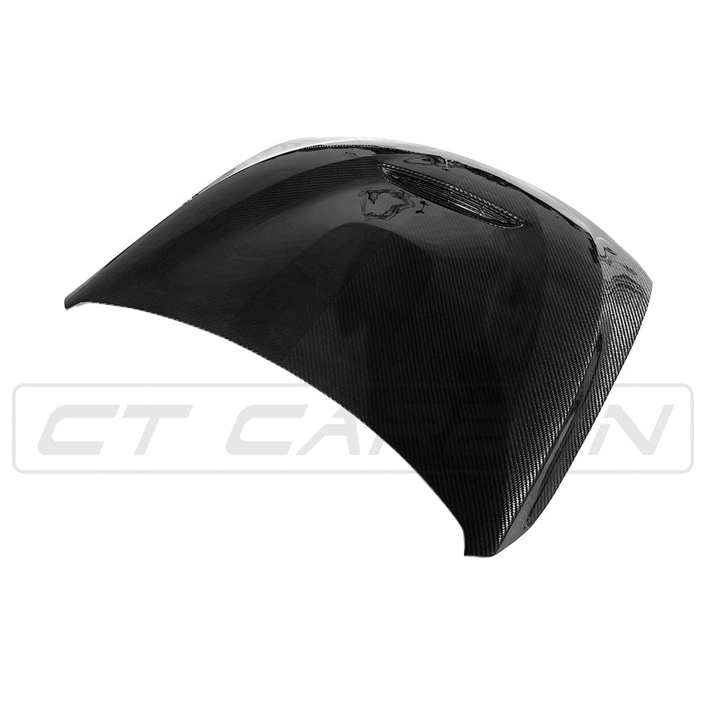 BMW M3 M4 F80 F82 F83 carbon fiber bonnet by CT Carbon, GTS style, showcasing lightweight, high-performance automotive hood.