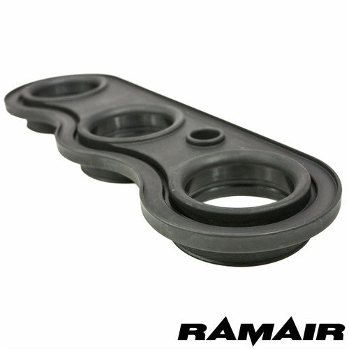 Ramair Triumph Rocket 3 air filter induction kit installed, showcasing high-performance air filter with sleek design and branding.