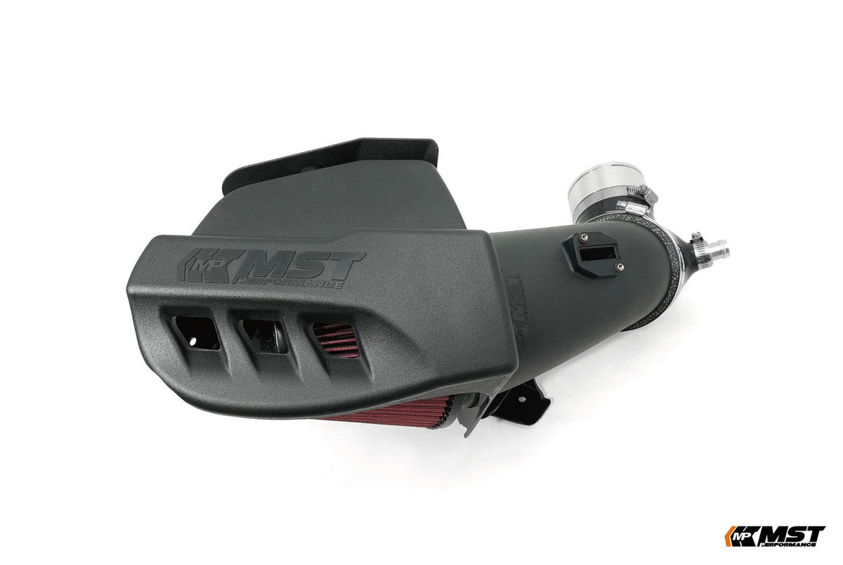 MST Performance intake air kit induction for BMW M340i and M240i B58 engine, showing polished metal components and air filters