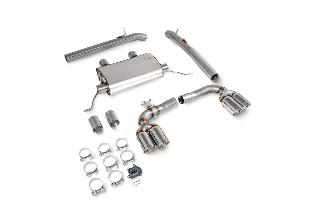 Scorpion BMW X3 M40i G01 GPF-Back Exhaust System with electronic valve, showcasing polished metal pipes and exhaust tips.
