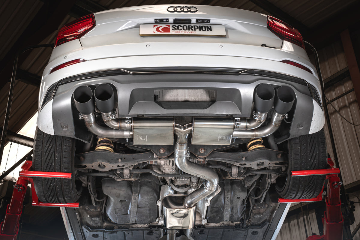 Scorpion Audi SQ2 resonated GPF-back exhaust system with non-valved design, showing polished metal pipes and muffler.