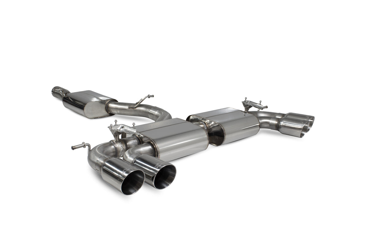 Scorpion Volkswagen Golf R MK8/8.5 GPF GPF-Back Exhaust System with resonated pipes and electronic valves, showcasing the polished exhaust tips.