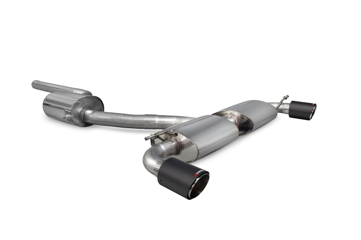 Scorpion Volkswagen Scirocco R resonated cat-back exhaust system with polished stainless steel pipes and dual exhaust tips.