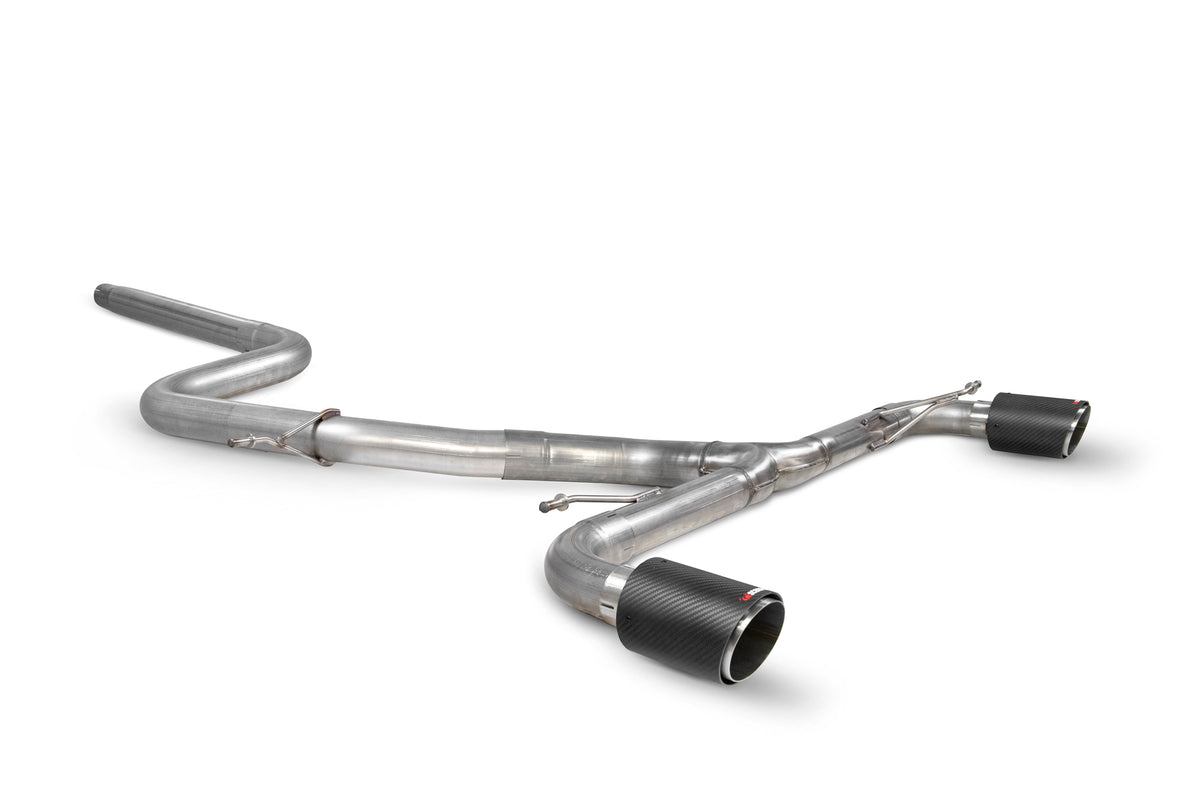 Scorpion Volkswagen Scirocco R non-resonated predator cat-back exhaust system installed on the vehicle, showing polished stainless steel pipes.