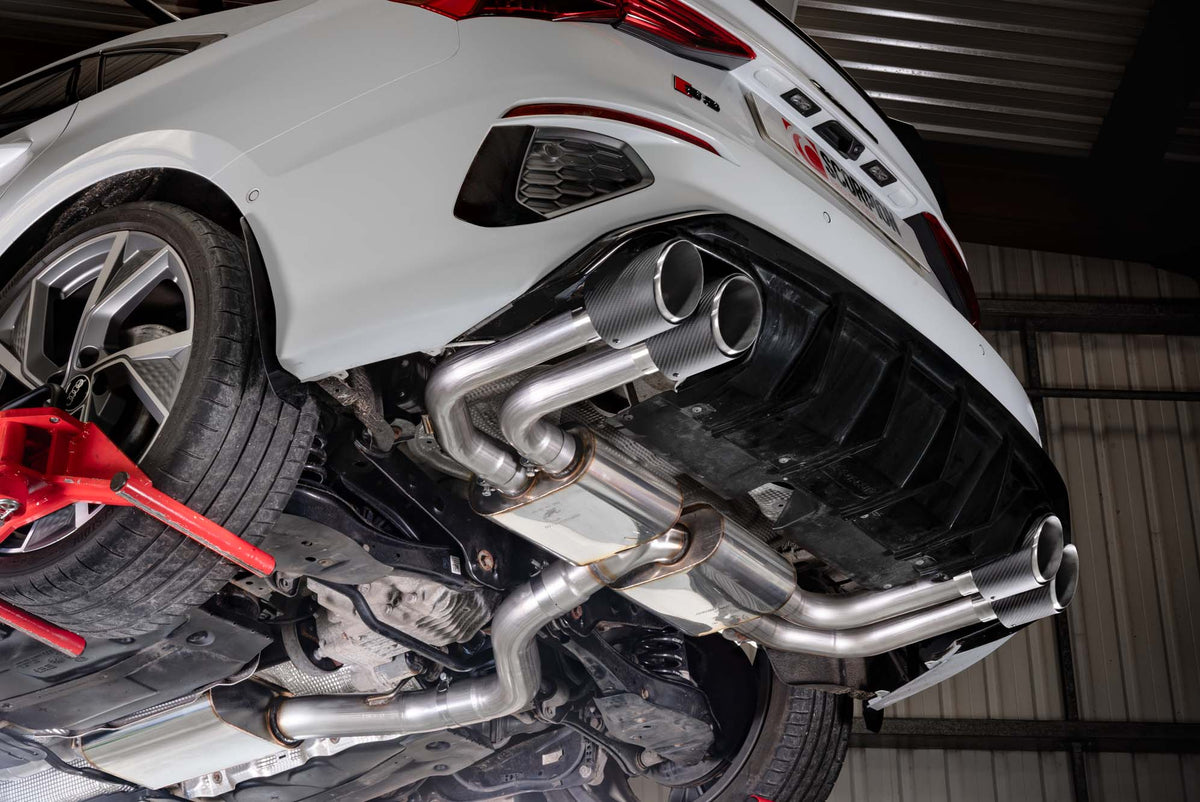 Scorpion Audi S3 8Y Sportback GPF-Back Exhaust System with resonated cat-back design, featuring metal pipes and muffler in the image.