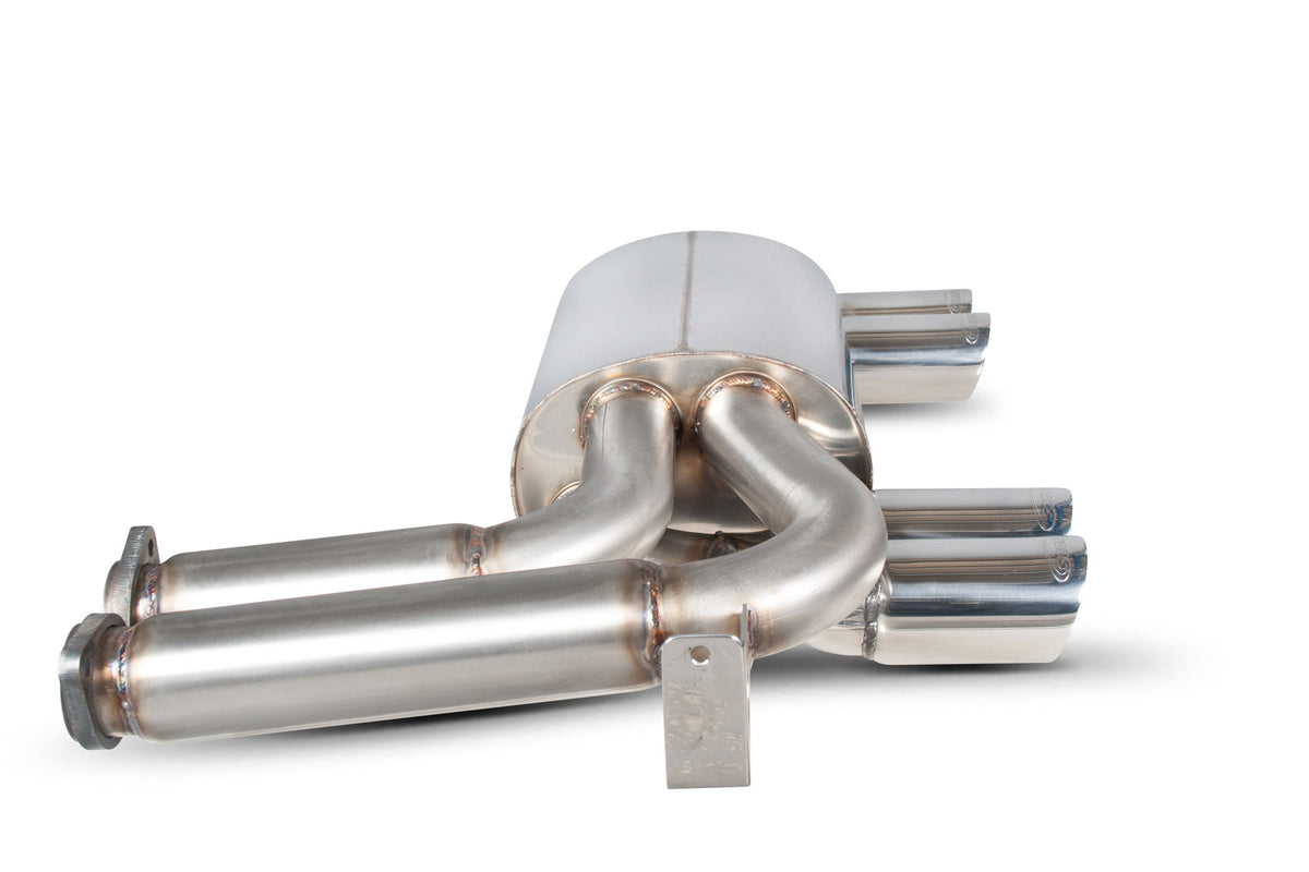 Scorpion BMW M3 E46 rear silencer exhaust component showing polished metal finish and mounting points.