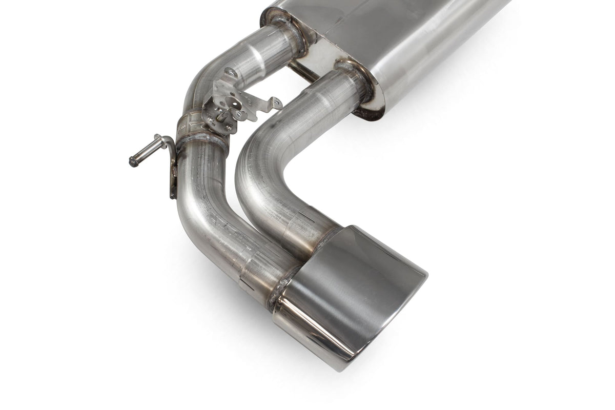 Scorpion Audi RS3 8V saloon cat-back exhaust system with resonated pipes and electronic valves, showcasing polished metal finish and dual tailpipes.