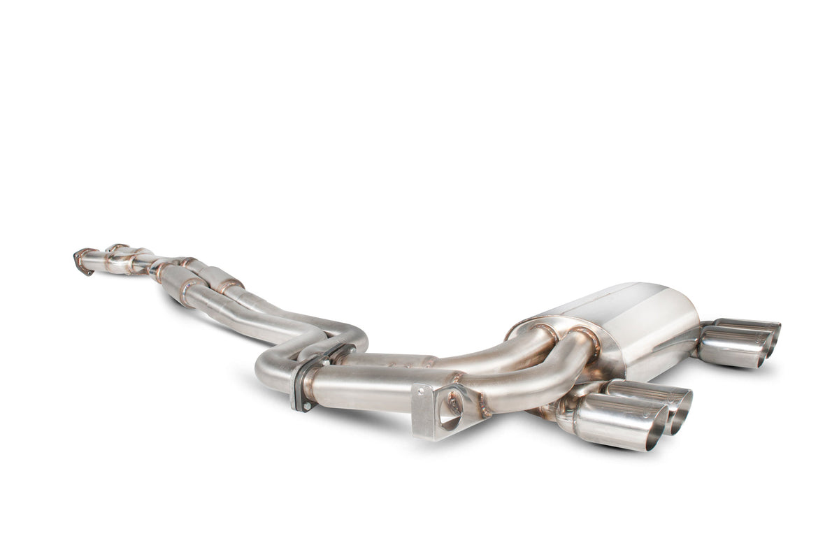 Scorpion BMW M3 E46 cat-back exhaust system with polished stainless steel pipes and dual exhaust tips.