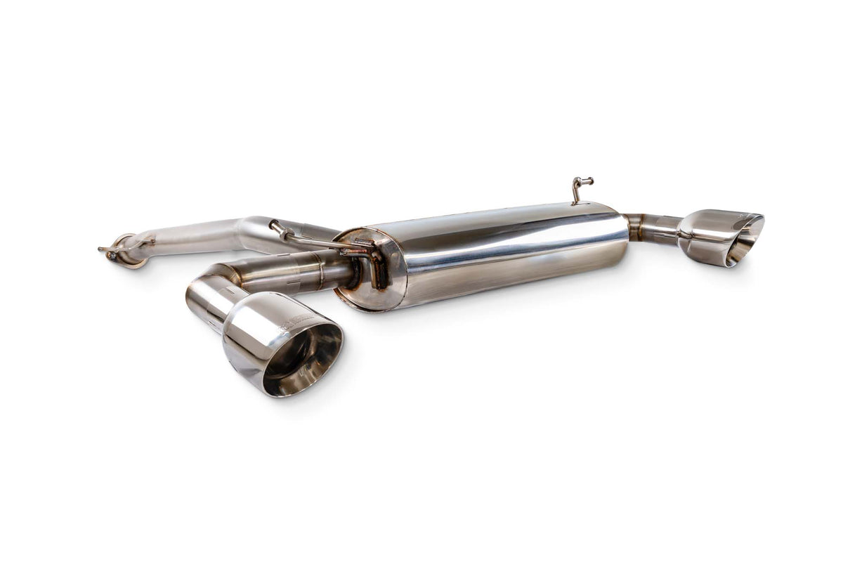 Scorpion Toyota Yaris GR GEN 2 GPF-Back exhaust system with non-resonated design and polished metal finish, showcasing exhaust pipes.