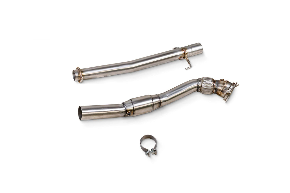 Scorpion Toyota Yaris GR GEN 2 sports cat downpipe with high flow catalyst, metal construction, and polished finish.