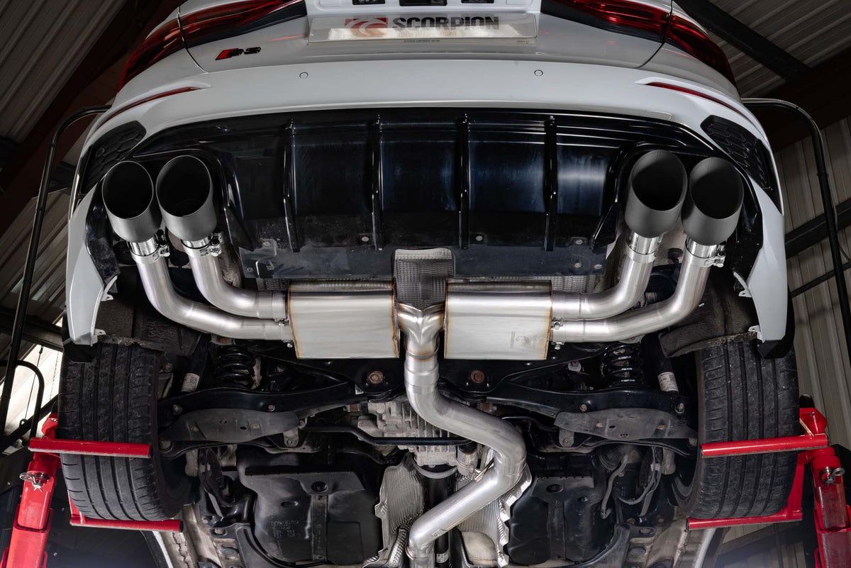 Scorpion Exhausts GPF-Back Exhaust System for Audi S3 8Y saloon, showing the stainless steel pipes and muffler with branding.