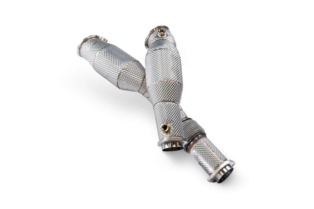Scorpion BMW M2 G87, M3 G80/G81, M4 G82 sports cat downpipe with high flow catalysts for X4 M models.